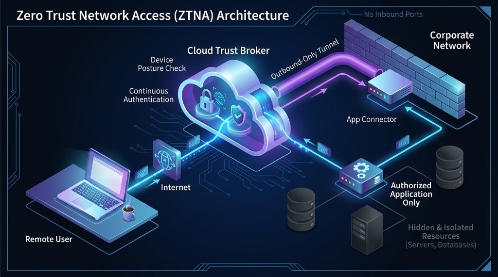 ZTNA architecture showing remote user, cloud trust broker with continuous authentication, outbound-only tunnel, and access limited to authorized applications